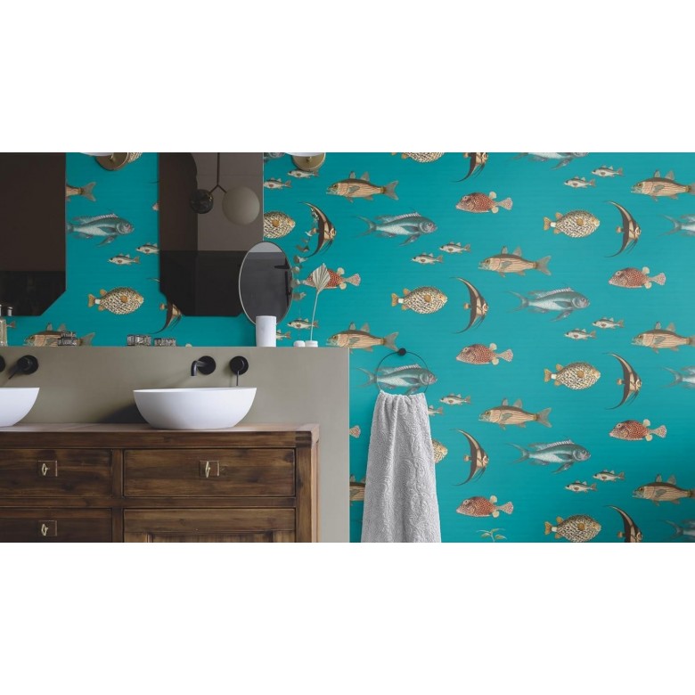 SODENO Colourful Fish Turquoise Textured Wallpaper SODENO Colourful Fish Turquoise Textured Wallpaper